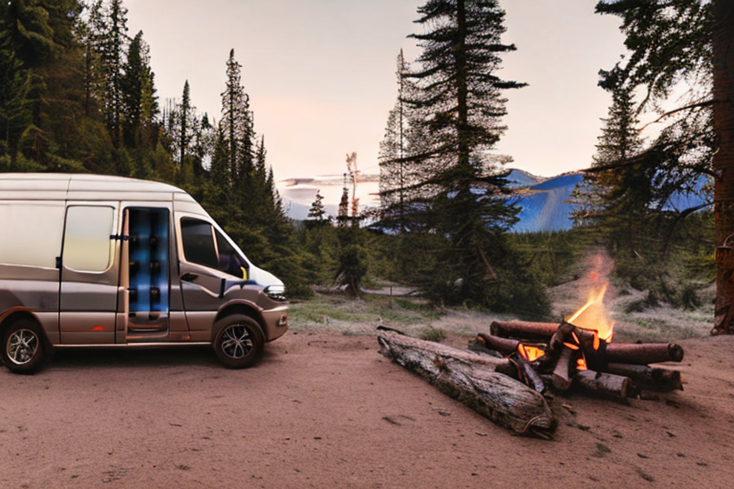 A brown camper van rests at a quiet campsite in Banff, surrounded by small trees and soft golden fog. Camping chairs, a clothesline of clothes, and a large log sit near the campfire, making the spot feel cozy and welcoming.