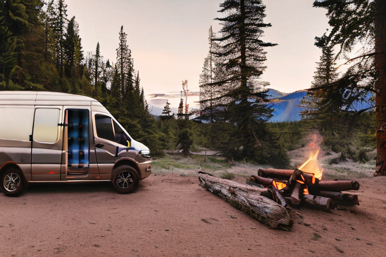 A brown camper van rests at a quiet campsite in Banff, surrounded by small trees and soft golden fog. Camping chairs, a clothesline of clothes, and a large log sit near the campfire, making the spot feel cozy and welcoming.