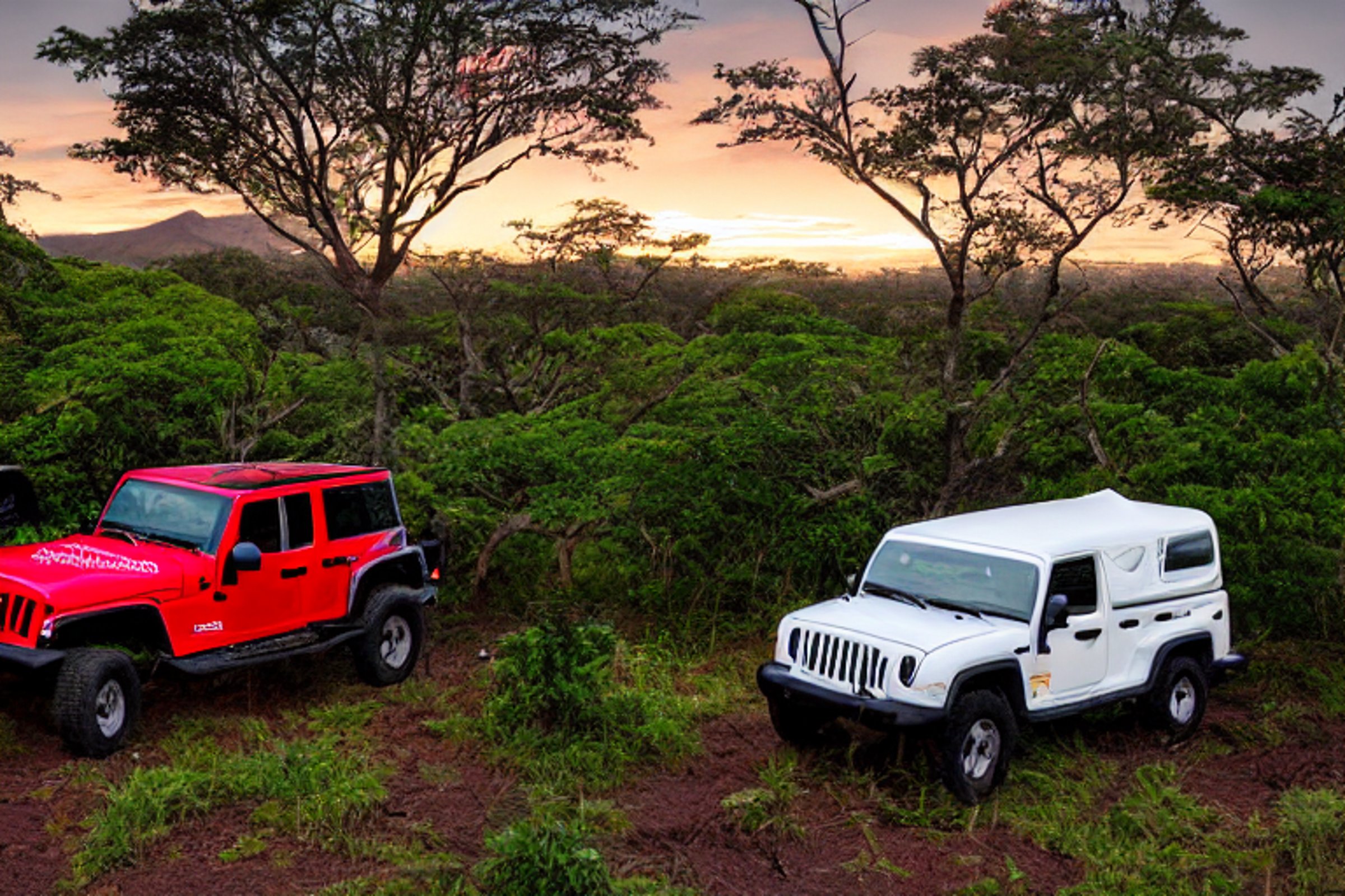 Two red Jeeps with rooftop tents rest at a peaceful campsite in Hawaii. Tall trees, green ferns, and fallen leaves surround the dirt clearing as the sun sets behind cloudy skies. A distant camper’s flashlight adds a warm glow to the quiet evening.