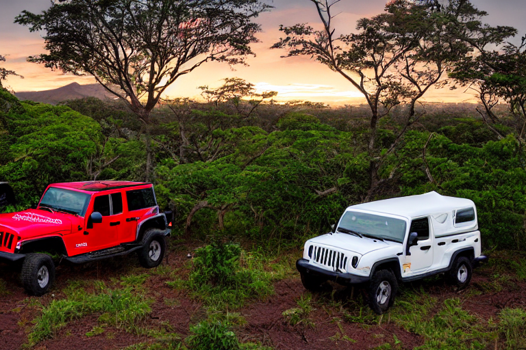 Two red Jeeps with rooftop tents rest at a peaceful campsite in Hawaii. Tall trees, green ferns, and fallen leaves surround the dirt clearing as the sun sets behind cloudy skies. A distant camper’s flashlight adds a warm glow to the quiet evening.