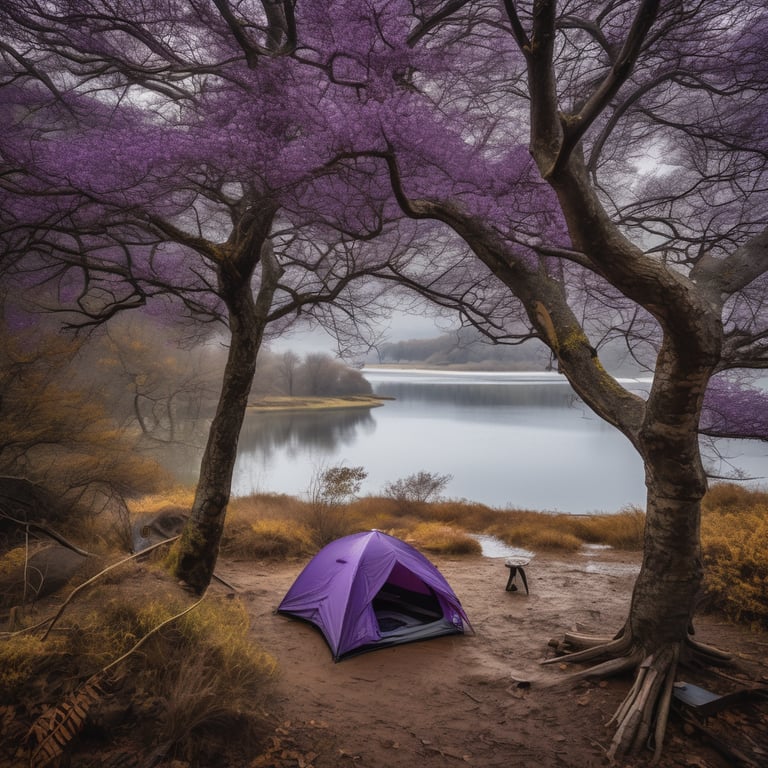 A purple tree tent rests near a snowy lake, with surfers gliding across the water. From the cliff edge, you can spot a deer in the distance, animal tracks in the dirt, and a spider web shining between two trees.