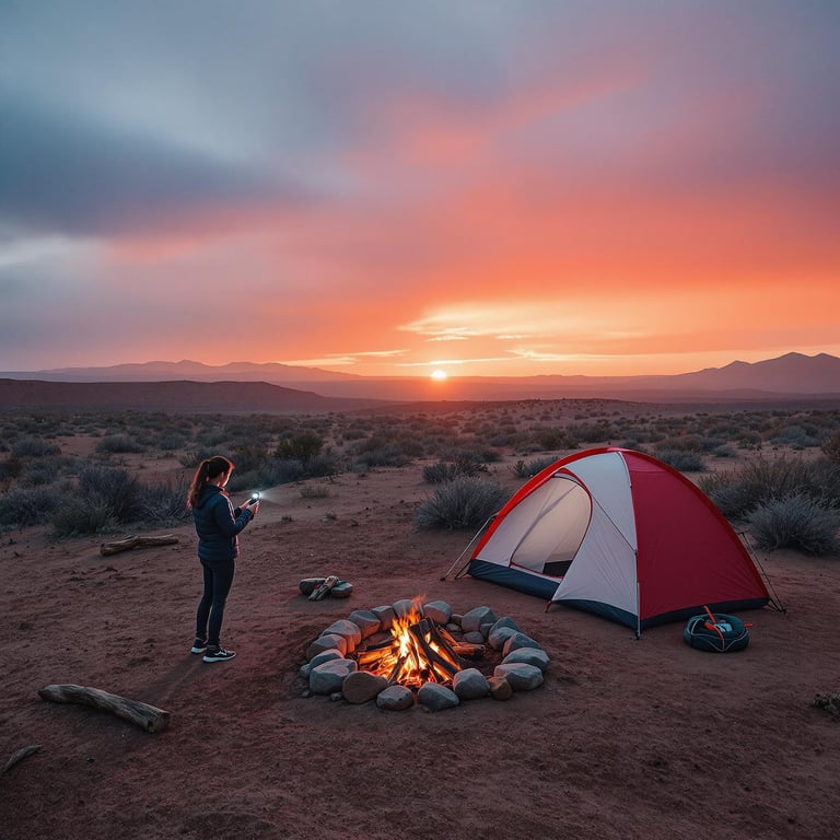 A cozy red tent sits beside a crackling campfire as the sun sets over the vast desert. Soft, glowing skies paint a beautiful picture, with mountains in the distance. It's the perfect place for an adventure under the open sky.
