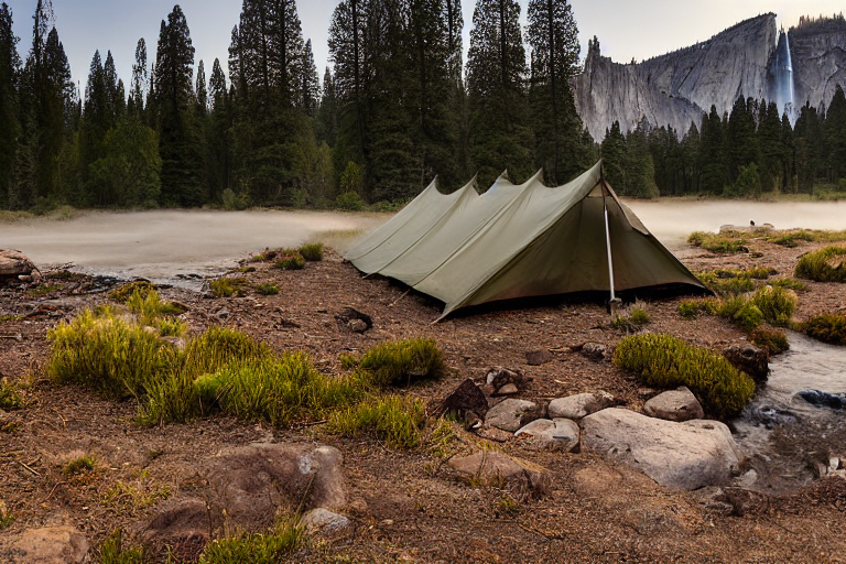 A tan tent rests on a quiet dirt campsite in Yosemite National Park. Misty mountains rise in the background, while a clear stream winds through the camp. A large rock and berry-covered bush add to the peaceful scene.