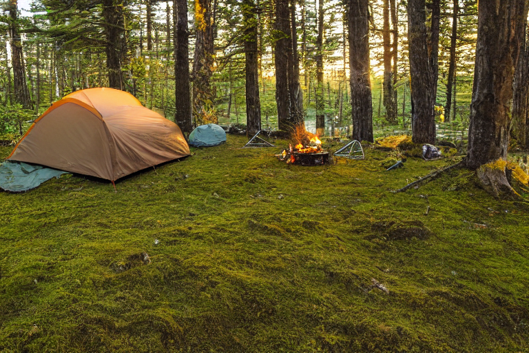 A tan tent rests on a paved campsite along the Maine coast. Mossy trees and small plants surround the dirt clearing, glowing in the warm golden light. A box of camping gear sits nearby under the clear sky.
