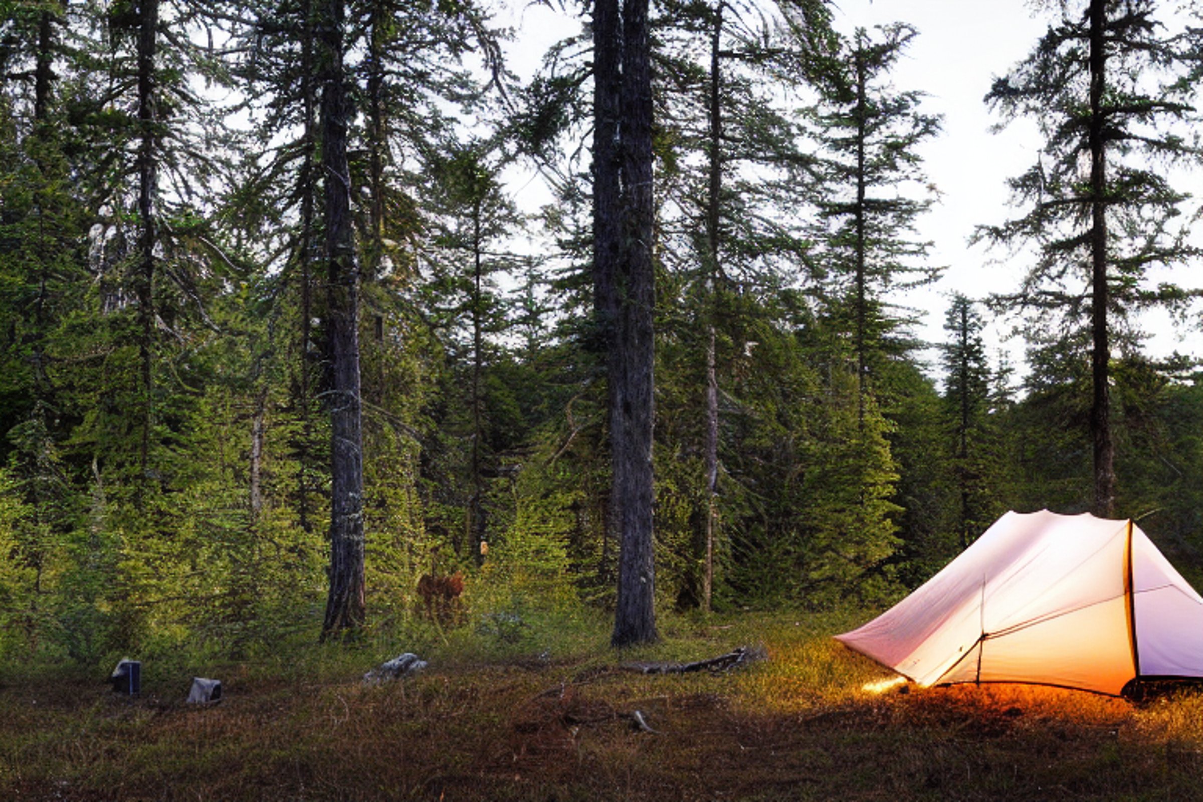 A cozy tent glows beside a quiet lake as the sun rises. Tall trees and berry bushes surround the dirt campsite, while hikers enjoy the clear morning air.