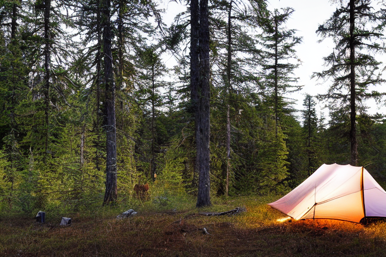 A cozy tent glows beside a quiet lake as the sun rises. Tall trees and berry bushes surround the dirt campsite, while hikers enjoy the clear morning air.