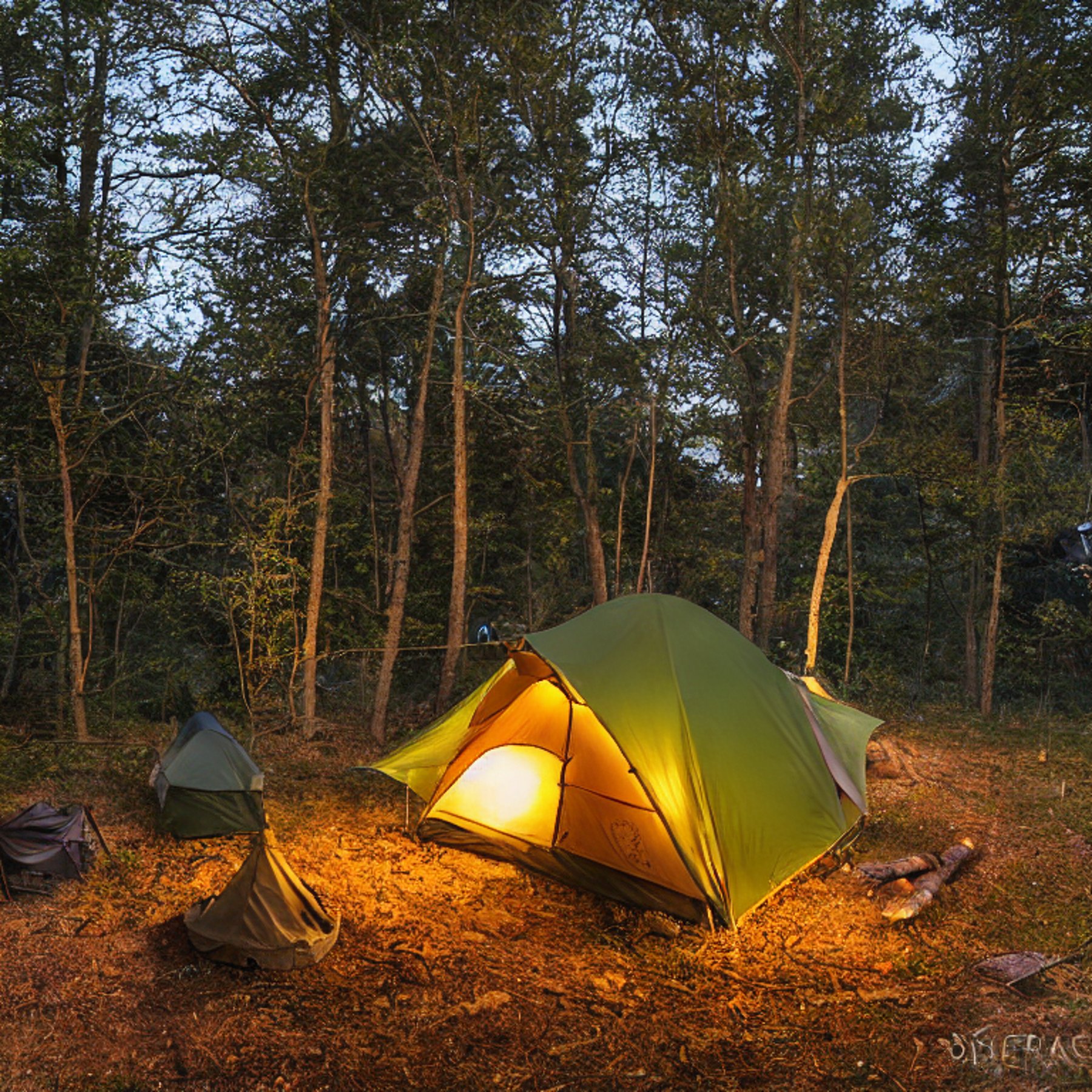 A green and tan tent rests on a snowy campsite beneath a star-filled sky. A warm campfire glows beside a large log, while a lantern lights the dirt clearing. Small trees and berry bushes surround this peaceful Ozark setting.