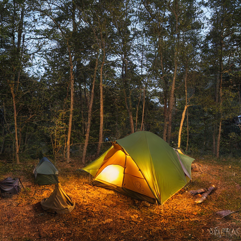 A green and tan tent rests on a snowy campsite beneath a star-filled sky. A warm campfire glows beside a large log, while a lantern lights the dirt clearing. Small trees and berry bushes surround this peaceful Ozark setting.