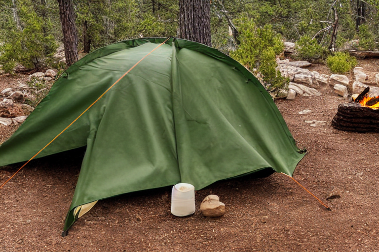 A green-and-tan tent sits on a rocky campsite beneath a clear blue sky. Bushes surround the area, with a log by the campfire and a wooden guitar resting nearby. In the distance, the Grand Canyon adds a stunning view.