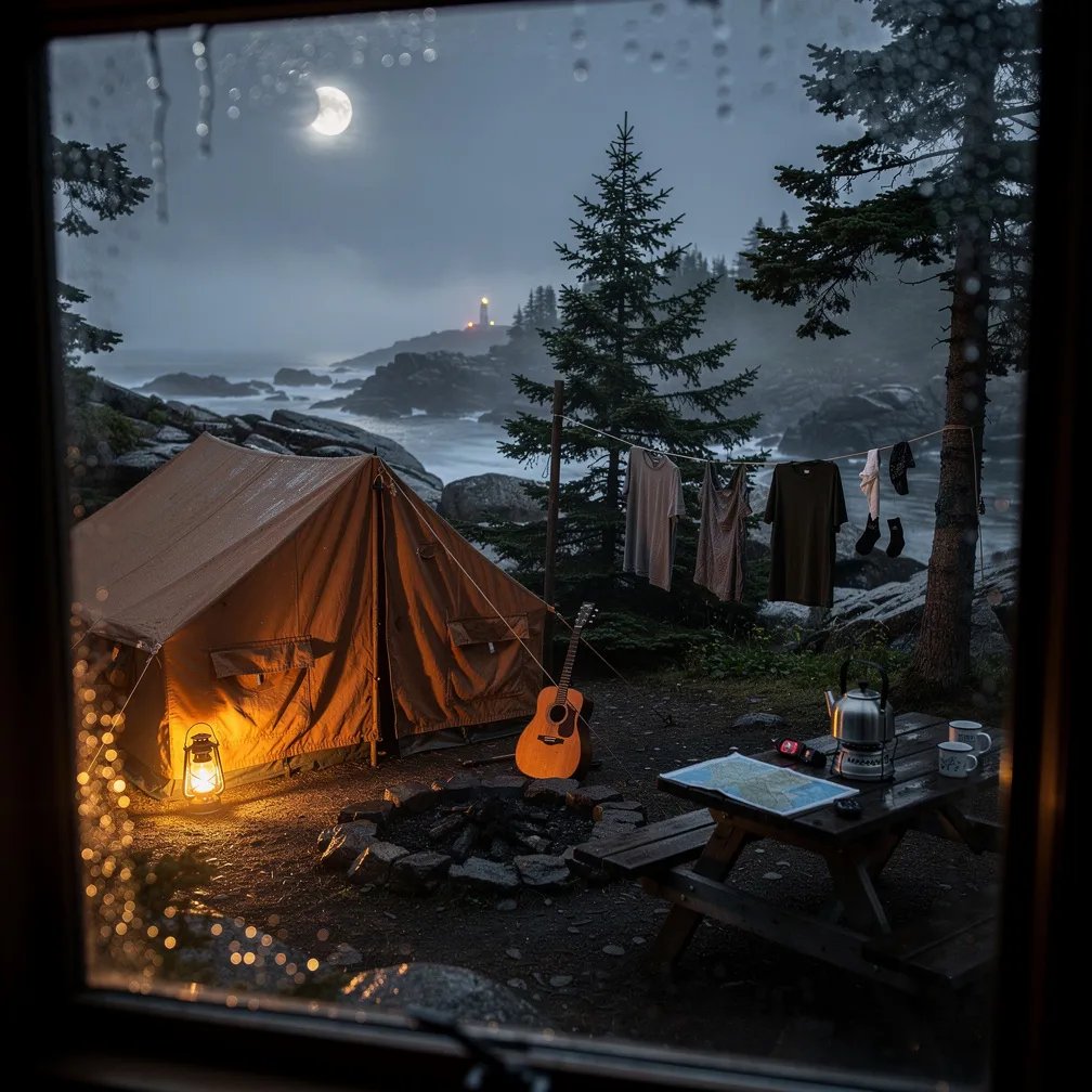 A rugged Maine campsite sits by the rocky shore, with dark spruce trees and misty ocean waves nearby. An orange canvas tent glows softly from a warm lantern, while light fog drifts through the cool night air. Wet clothes sway on a line, and a guitar rests near the fire ring under a dim, eclipse-touched moon.