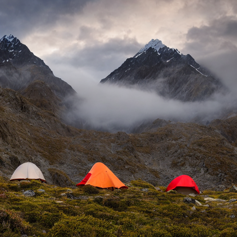 A colorful tent rests beside a clear stream in Mount Cook National Park. Fog drifts over the rolling hills as hikers explore among the boulders. Soft dusk light gives the campsite a calm, peaceful feeling.
