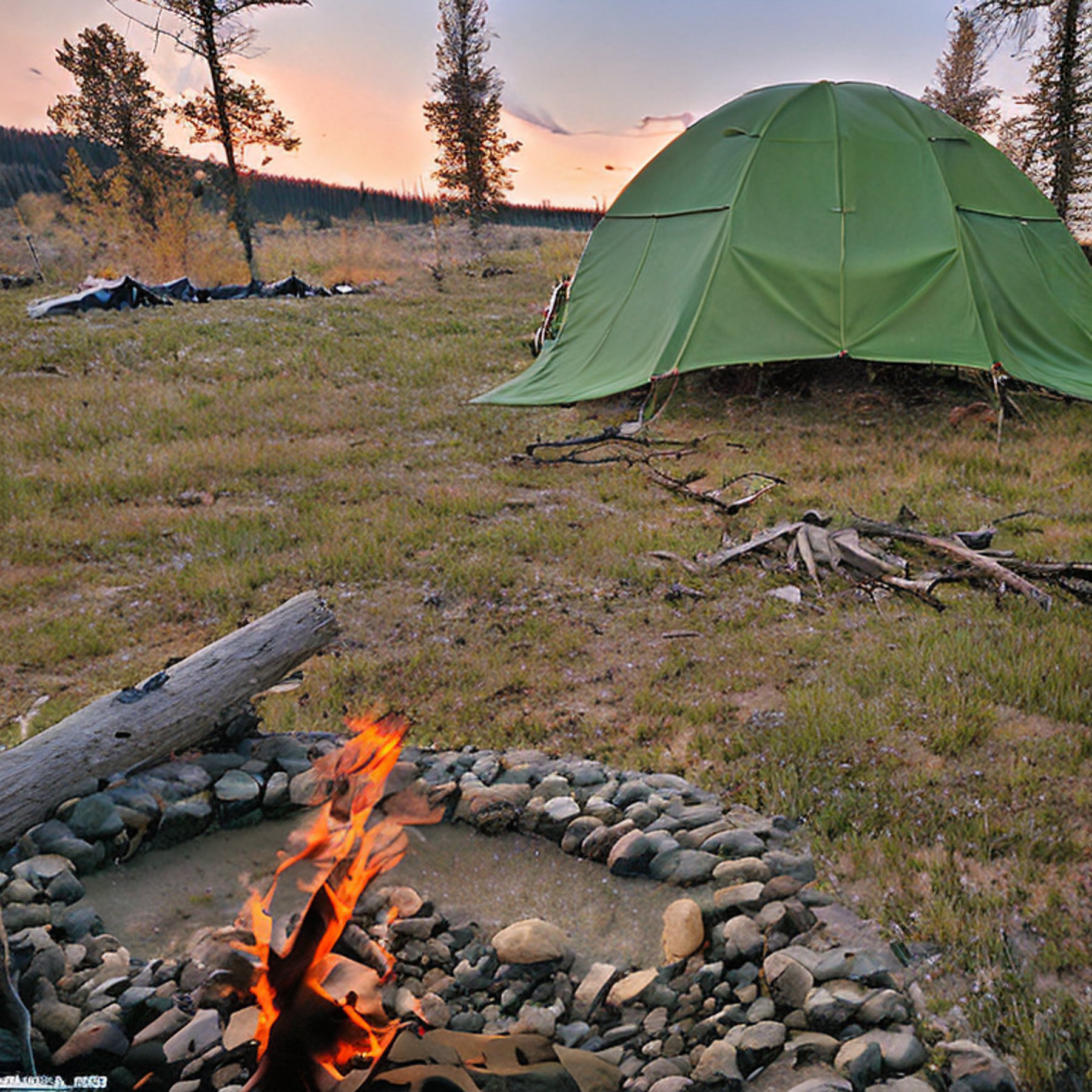 A green camo tent rests on a dirt campsite in the snowy Idaho plains. A small stream winds past stones and fallen leaves, while a campfire glows among the logs. The sunset sky creates a warm, peaceful mood.