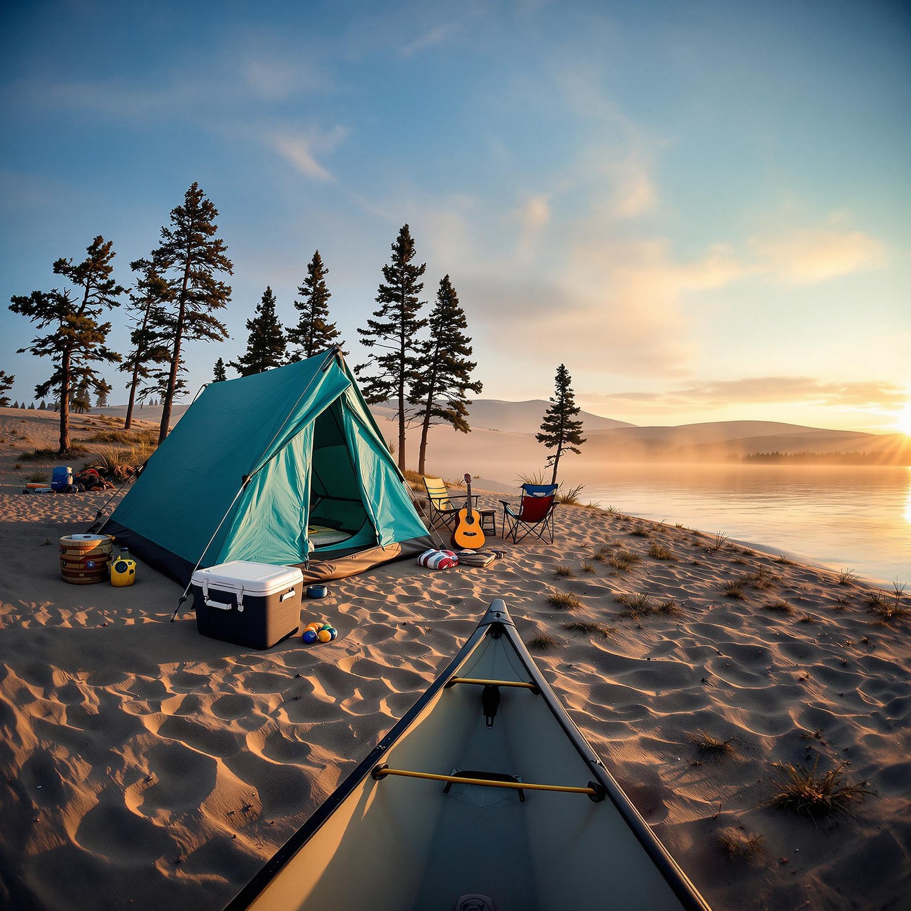 This campsite sits by a peaceful lake with soft sand and tall pine trees. A bright tent, a canoe, and a guitar make it a fun spot for adventure and music as the sun rises. The air feels fresh and calm, perfect for camping fun.
