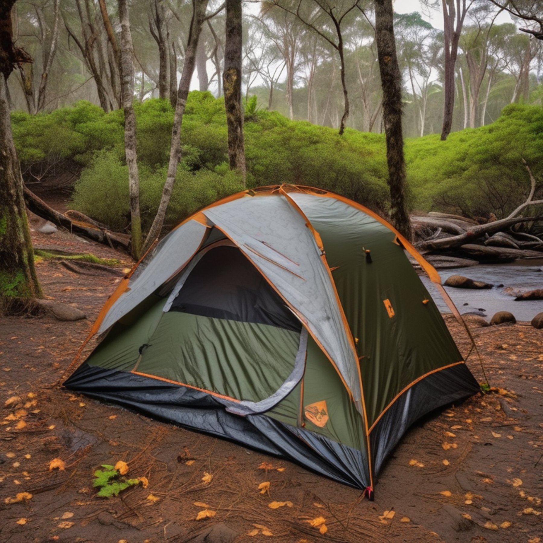 A green camo tent rests on a sandy beach beside the ocean. A small campfire, a box of gear, and a berry-covered bush surround the site, while rainwater streams through the leafy ground.