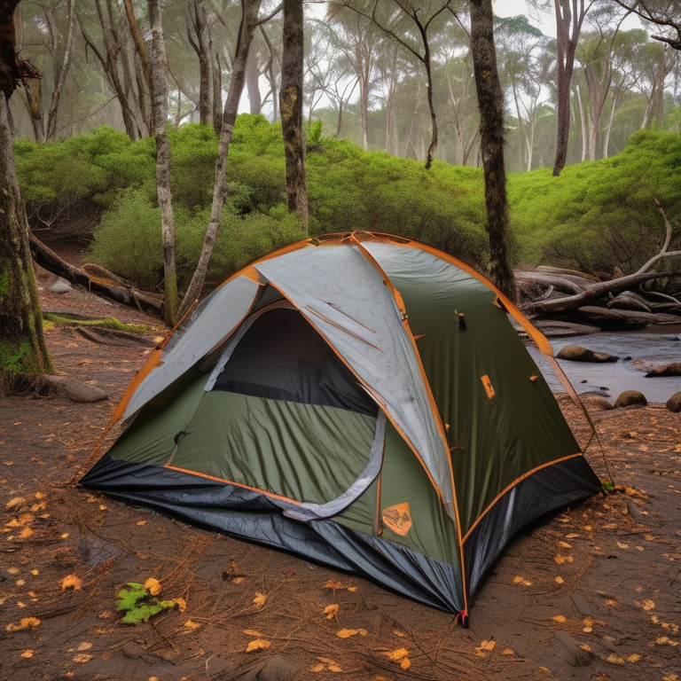 A green camo tent rests on a sandy beach beside the ocean. A small campfire, a box of gear, and a berry-covered bush surround the site, while rainwater streams through the leafy ground.