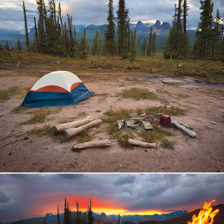 A cozy tent rests beside a glowing campfire in a Montana campsite. Rocky ground, a camping gear box, and a large log add rustic charm. Dark storm clouds gather over the mountain as the sunset shines through.