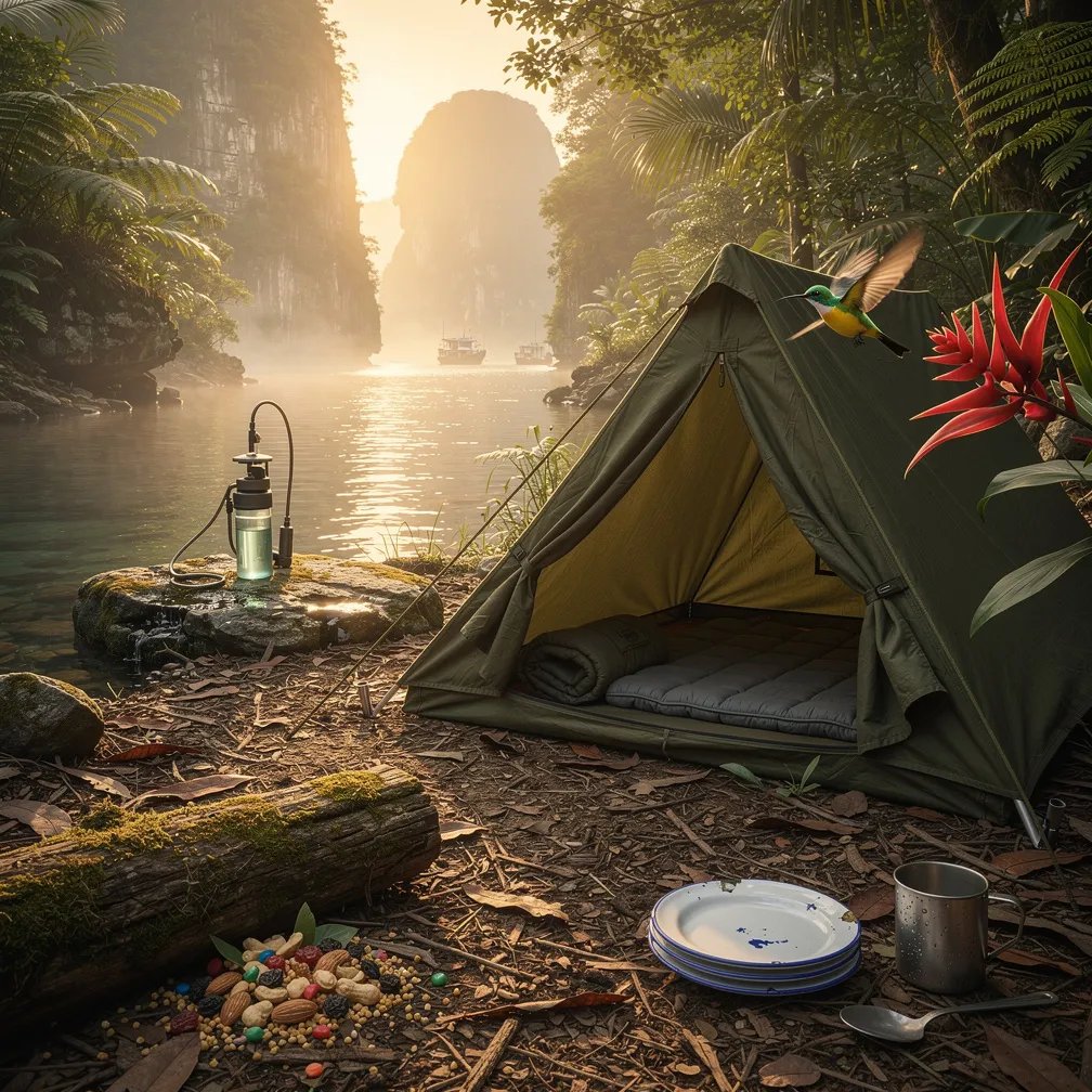 A warm sunrise glows over a misty forest stream, with tall limestone cliffs fading in the distance. An olive-green tent sits on soft leaf litter beside the water, with camping plates and a metal cup nearby. A small water filter rests on a rock, trail mix is spilled on a mossy log, and a bright bird hovers by a red flower. The air feels quiet, wet, and full of jungle life.
