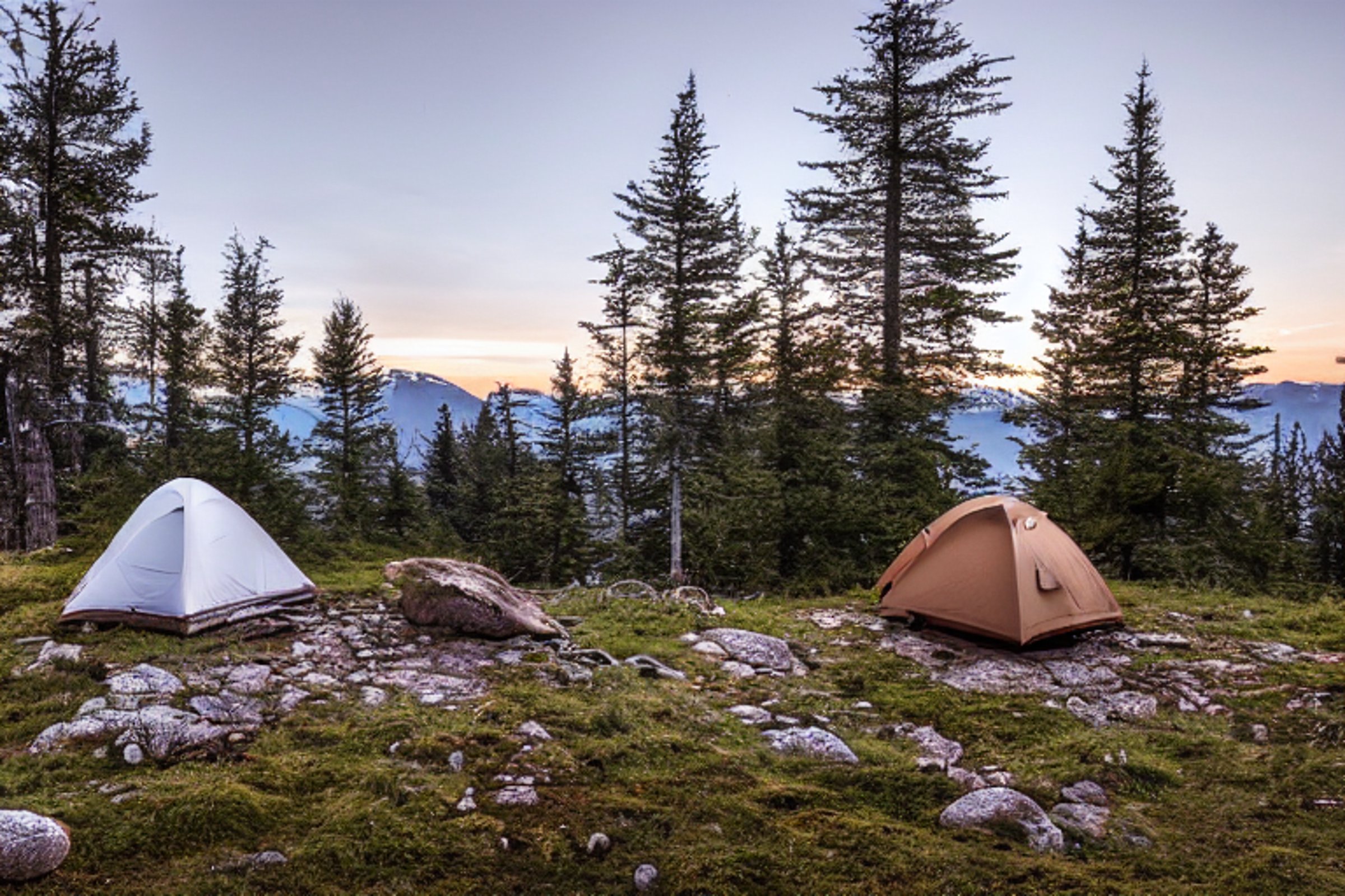 A cozy tent glows beside a warm campfire on a snowy mountain. Mossy trees, rough ground, and a clothesline add charm to the quiet campsite.