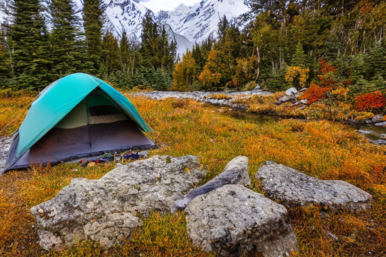A teal tent rests beside a quiet stream in a snowy Mount Cook campsite. Bright fall trees surround the dirt clearing, while a stone-ringed campfire warms the night. A backpack sits nearby beneath the mountain air.