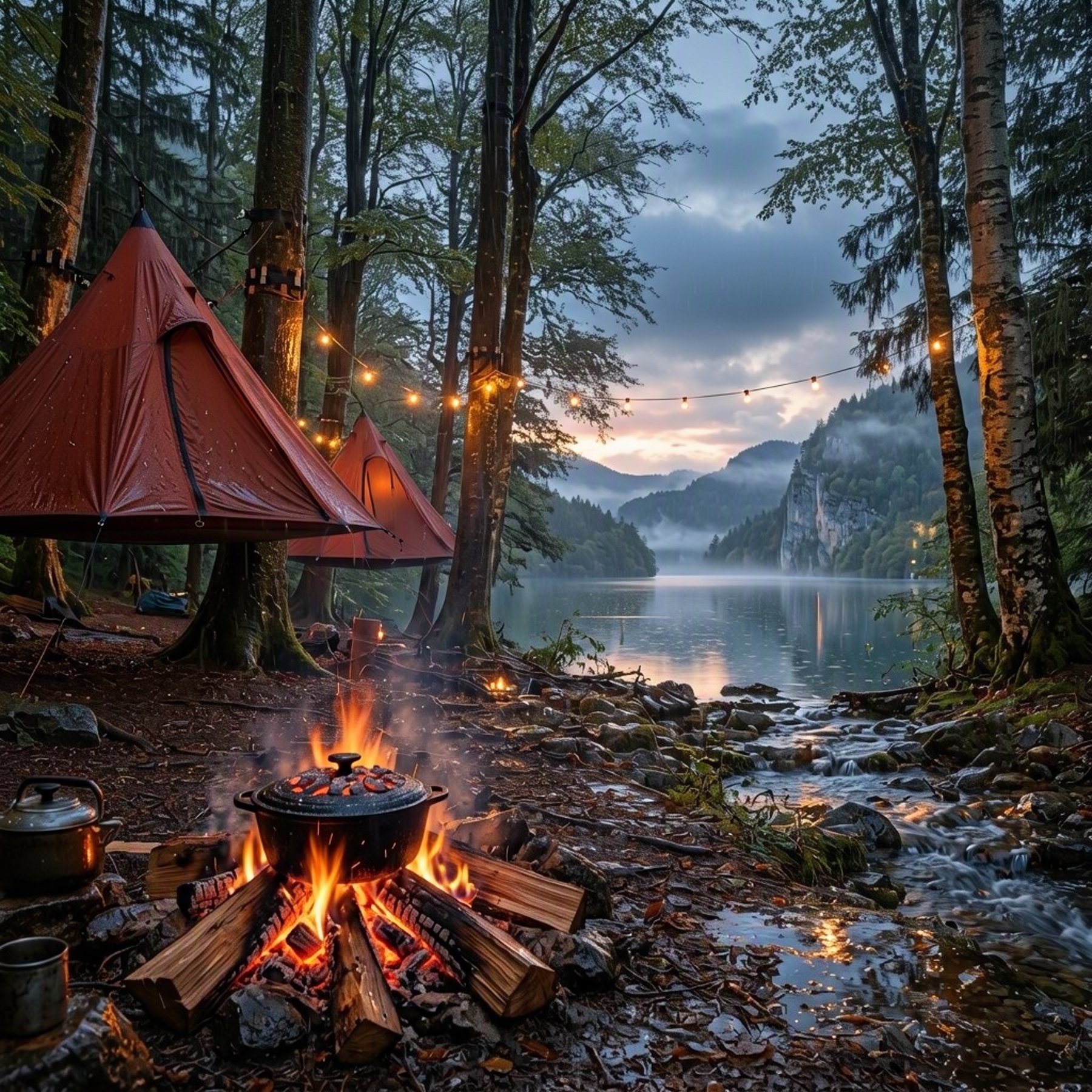 Two rust-red tree tents rest among the wet beech and fir trees beside a clear stream. A warm campfire glows over a Dutch oven as tiny lights shine through the misty blue dusk.