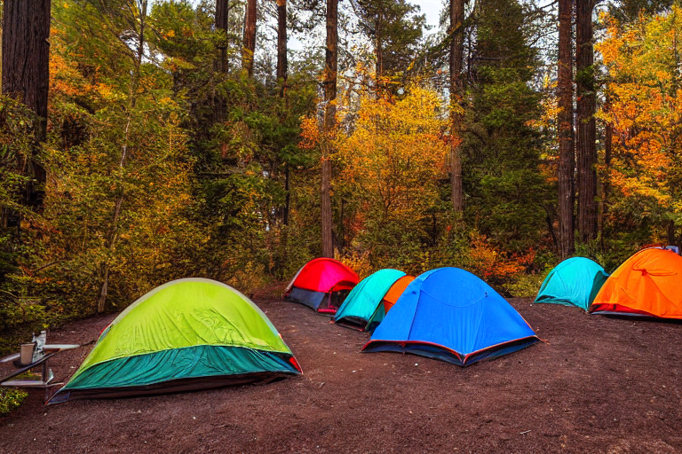A colorful tent rests beside a warm campfire in a Big Sur campsite. Fall trees glow around the dirt clearing as rain falls softly. Camping chairs, a clothesline, and a nearby parking spot add a cozy, lived-in feel.