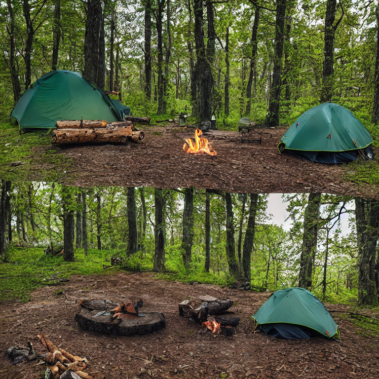 A green tent rests in a quiet forest clearing at dusk. A warm campfire glows in the center, surrounded by stones and logs. Tall trees frame the campsite, while a distant camper’s flashlight adds a tiny spark of light.