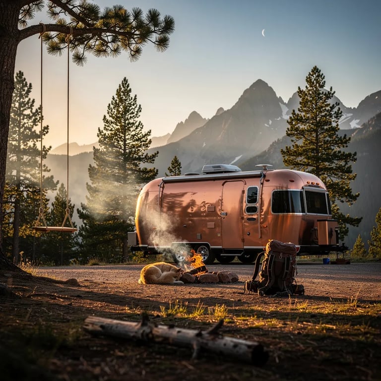 A shiny copper trailer sits in a quiet mountain clearing, with tall pine trees and rocky peaks in the distance. A small campfire glows and sends soft smoke into the cool evening air as a dog sleeps nearby. A rope swing hangs from a strong branch, and the sky is turning dusky with a bright star starting to show.