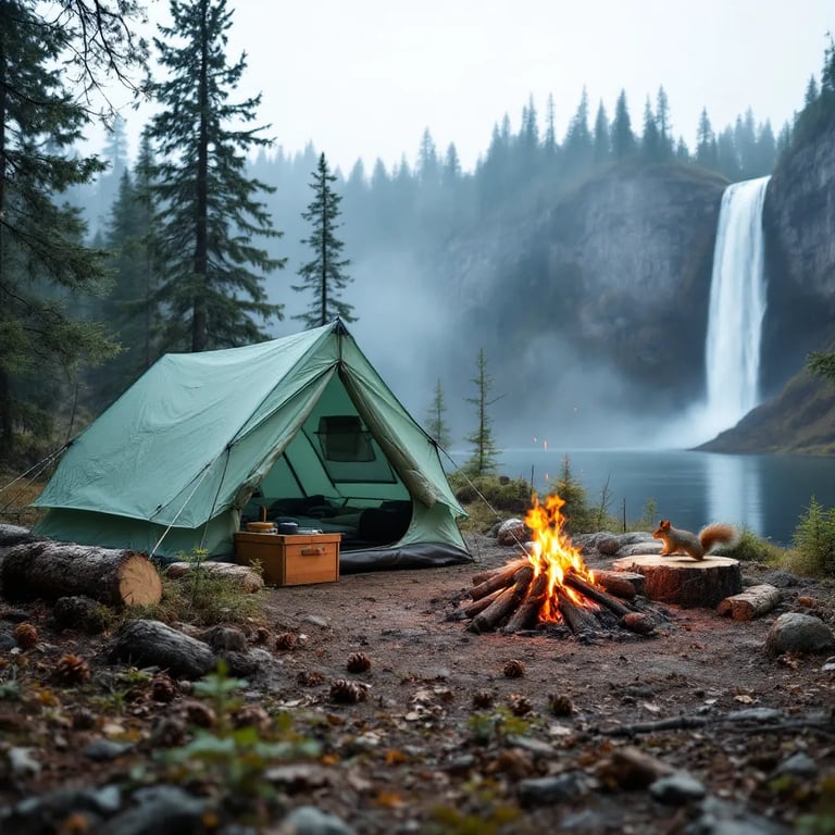 A mint-green tent overlooks a misty waterfall in the pine woods of North Shore, Minnesota. Firewood, camping gear, and pine cones rest by the campfire while a squirrel darts across the ground. The cloudy air gives the peaceful campsite a cool, quiet feel.