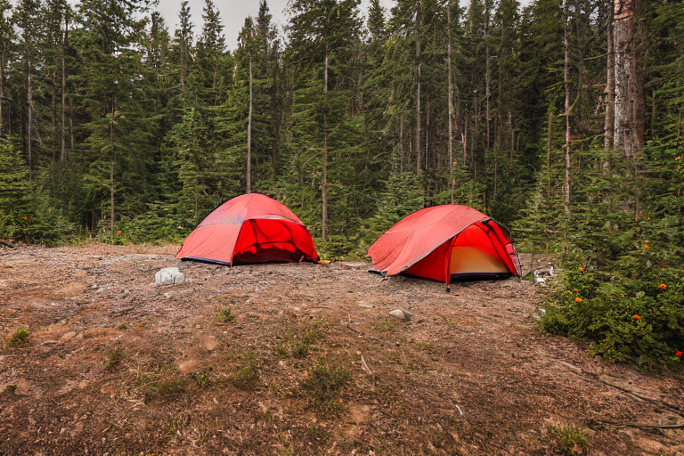 A bright red tent rests on a sunny dirt clearing in the forest. A warm campfire sits beside a large log and rock, with colorful flowers nearby. Tall mountains rise in the distance beneath a clear blue sky.
