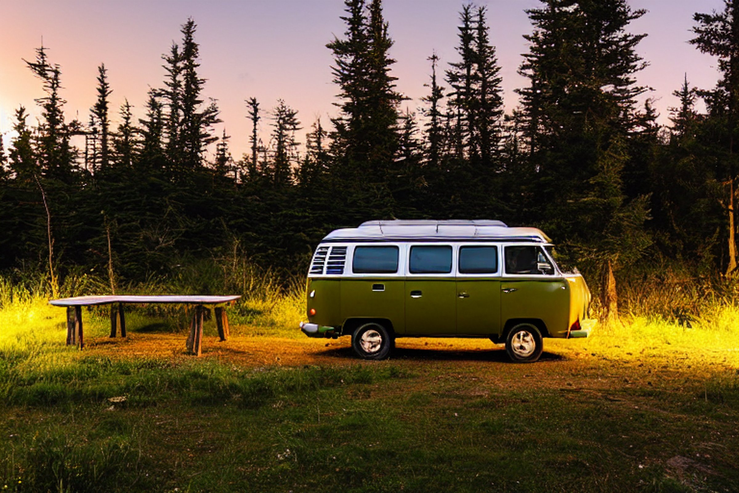 A green campervan rests beside a cozy campfire on the Maine coast. Camping chairs, a picnic table, and a glowing tent sit around a wide dirt clearing. A winding trail leads through the peaceful green landscape under a clear sunset sky.