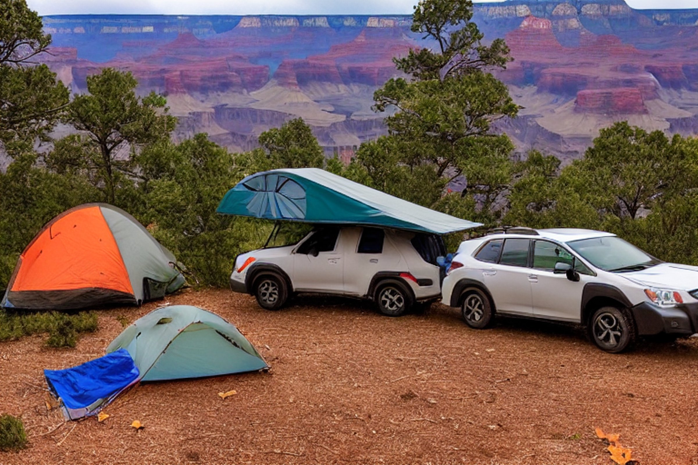 A colorful Subaru with its rooftop tent open rests beside a warm campfire under the cloudy night sky. Camping chairs sit on the leafy dirt, while a deer wanders near the distant Grand Canyon mountains.