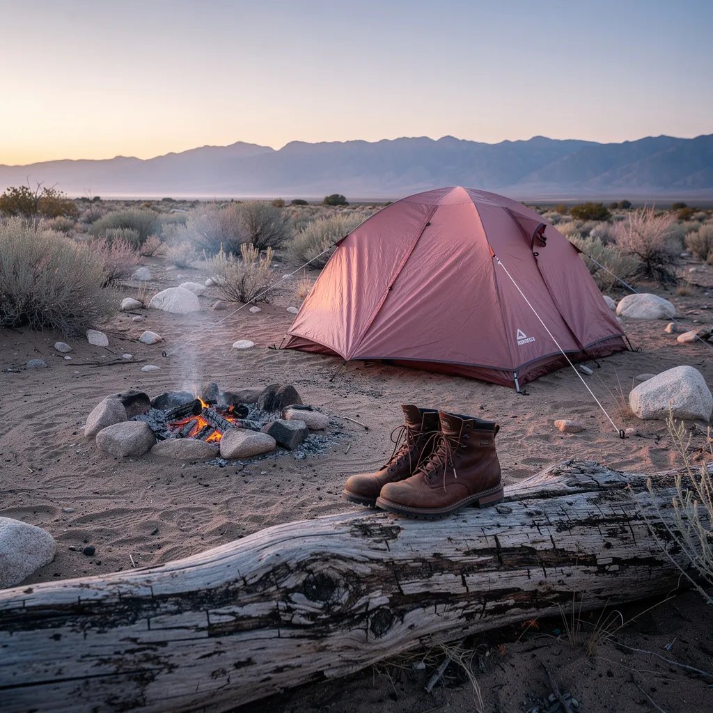 A dusty-rose tent sits on sandy ground in the New Mexico desert as the sun begins to rise. Low scrub and scattered rocks stretch out toward faraway mountains under a pink-orange sky. A small fire ring still holds faint embers, and a pair of hiking boots rests nearby in the cool morning air.