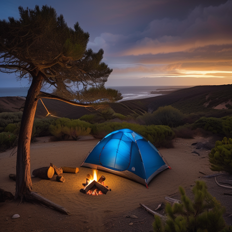 A cozy tent glows beside a crackling campfire on the stormy California coast. Stone-covered ground, small trees, and a winding dirt path create a peaceful wild campsite under the dark sky.