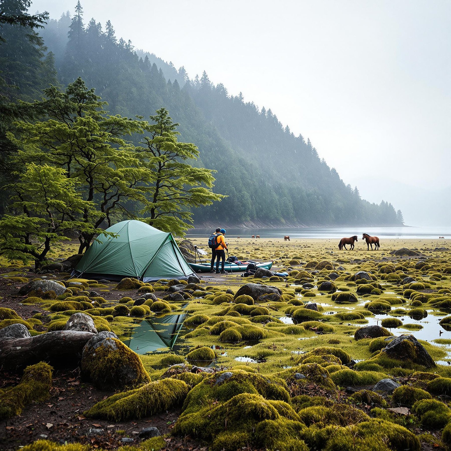 This campsite sits by a quiet lake, surrounded by green mossy rocks and tall trees. Horses wander nearby while misty mountains rise in the background. It feels peaceful and full of adventure.