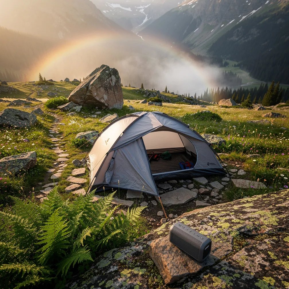 A gray-and-blue tent sits on rocky ground in a quiet alpine meadow, with a huge granite boulder nearby. Warm sunset light glows through thin mist, and a faint rainbow arc hangs over the valley. Bright green ferns and soft moss cover the ground, and a small speaker rests on a flat stone by the tent.