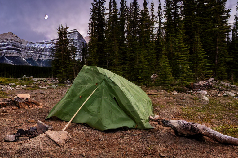 A green camo tent rests on a quiet dirt clearing in Banff National Park. A warm campfire glows among scattered stones and twigs as fog drifts through the trees. The moon shines softly in the dusky sky.