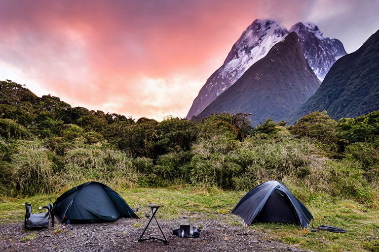 A black tent rests on a rocky dirt campsite beneath the rainy sunset skies of Milford Sound. Camping chairs sit nearby, with a wooden guitar beside a large rock.