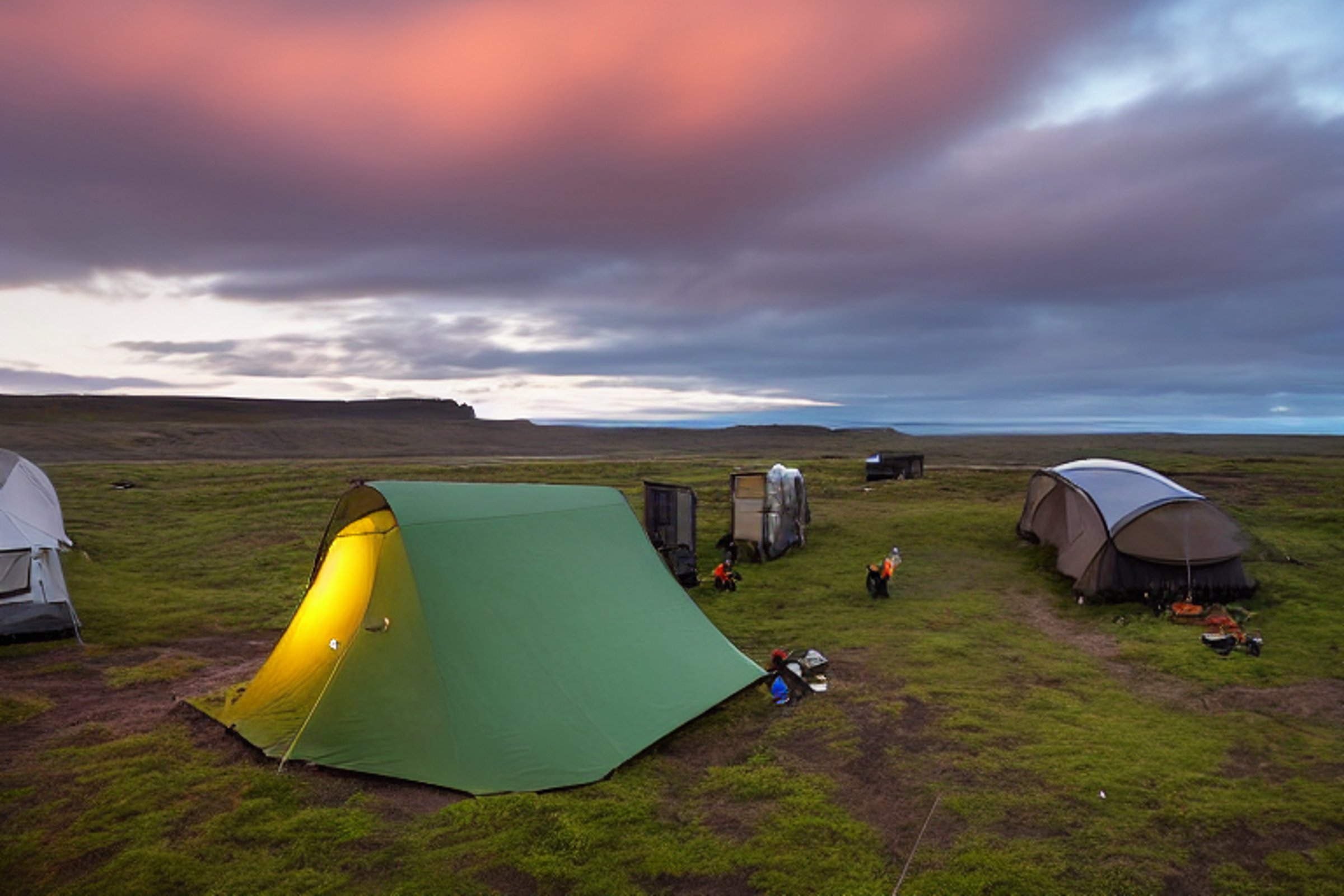 A green tent rests on a paved campsite in Iceland, surrounded by tall grass and a dirt patch. Surfers gather nearby as the cloudy sunset glows over the land. A camping lantern shines softly, with the moon rising in the distance.