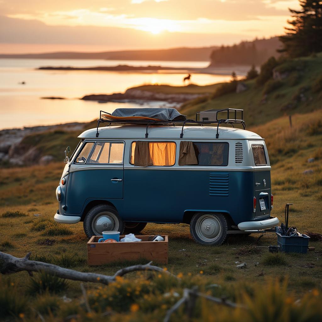 A navy-blue campervan rests beside the rocky Maine coast at twilight. Camping gear, an outdoor shower, and surfers add charm, while wild horses graze in a distant field.