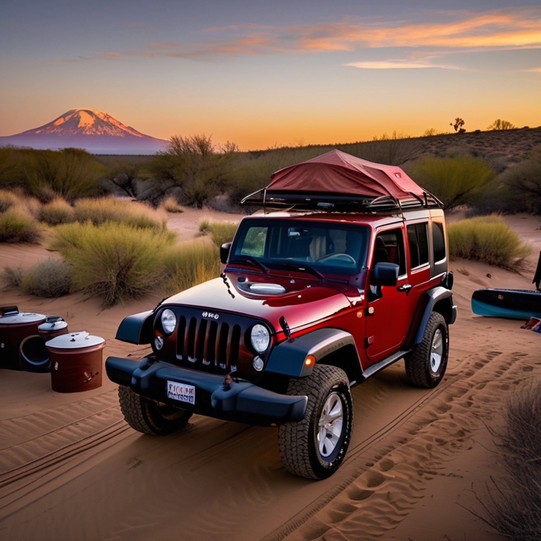 A red and white Jeep with a rooftop tent rests beside a quiet creek. Golden sunlight warms the dirt campsite, while a campfire glows near a large log. Surfers and a distant moon add a playful touch to the peaceful scene.
