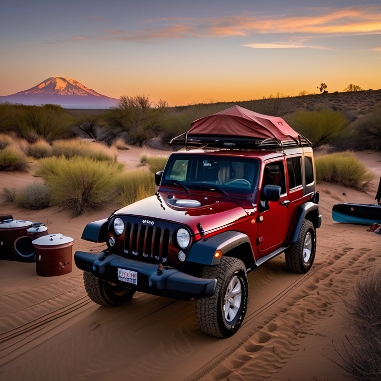 A red and white Jeep with a rooftop tent rests beside a quiet creek. Golden sunlight warms the dirt campsite, while a campfire glows near a large log. Surfers and a distant moon add a playful touch to the peaceful scene.