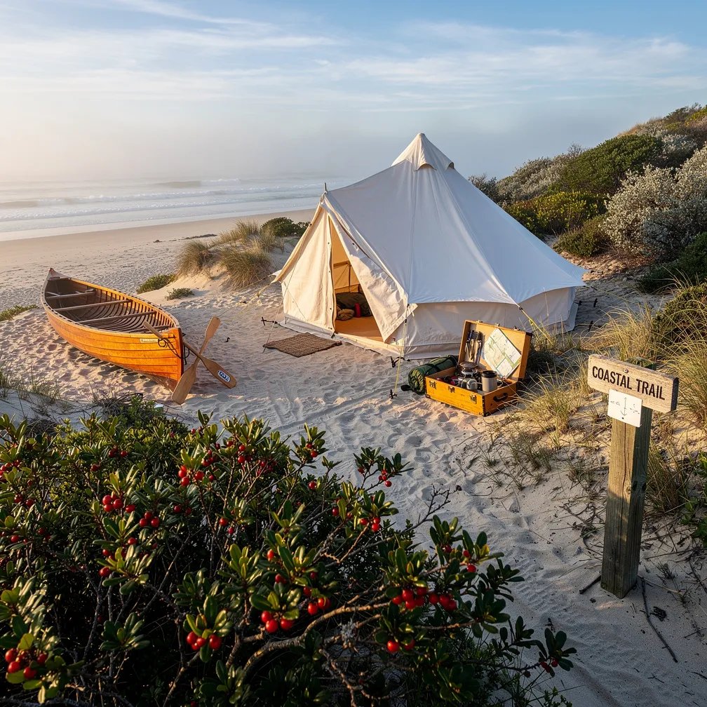 A white tent sits on a quiet sandy beach as the morning mist lifts over the calm ocean. A canoe rests nearby, and a neat box of camping gear waits by the tent. Red berries glow on a bush in the foreground, and a wooden trail marker points down a sandy path into the dunes.