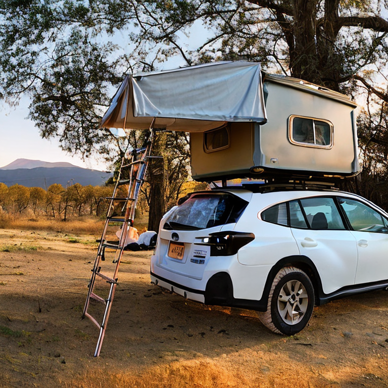 A white Subaru with its rooftop tent open rests at a quiet dirt campsite. Golden sunlight warms the rough ground, nearby creek, and winding hiking path. Clothes hang on a line under the clear sky.