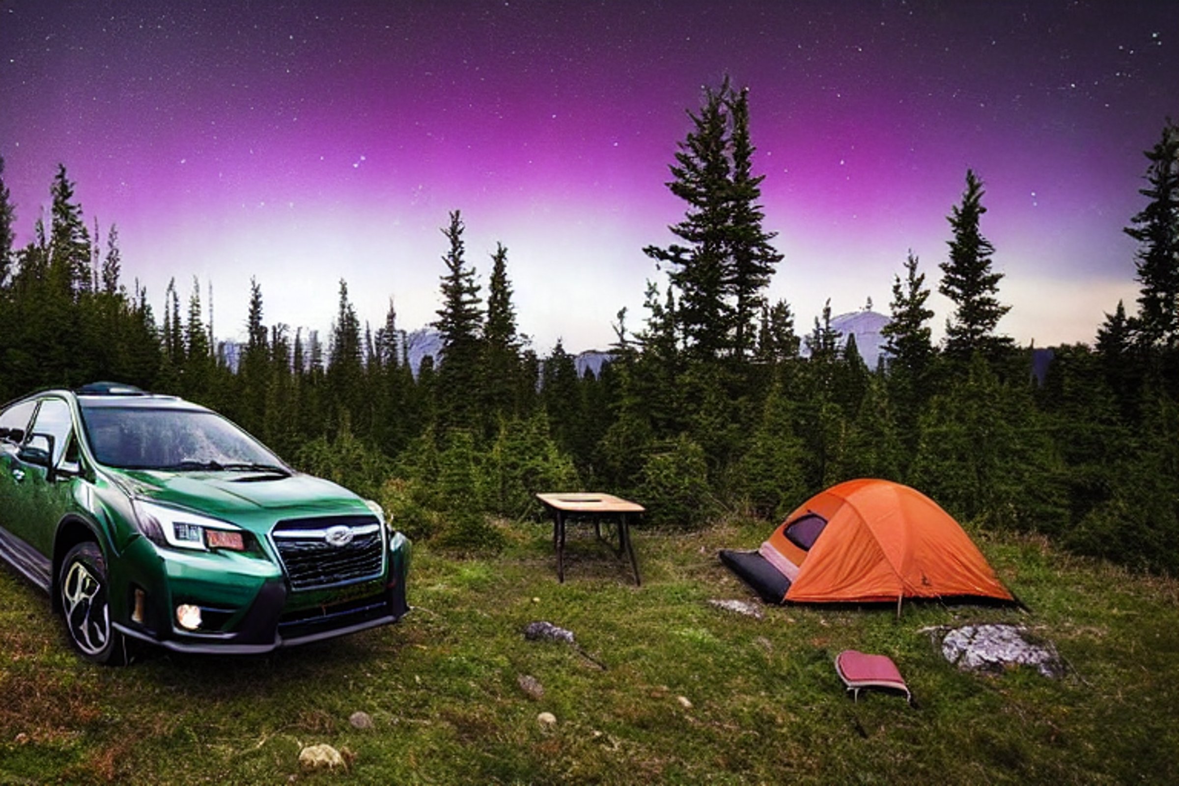 A forest-green Subaru sits beneath a glowing aurora, with its rooftop tent open for the night. A warm campfire, picnic table, tall grass, and a large rock create a cozy campsite in the quiet Vancouver Island woods.