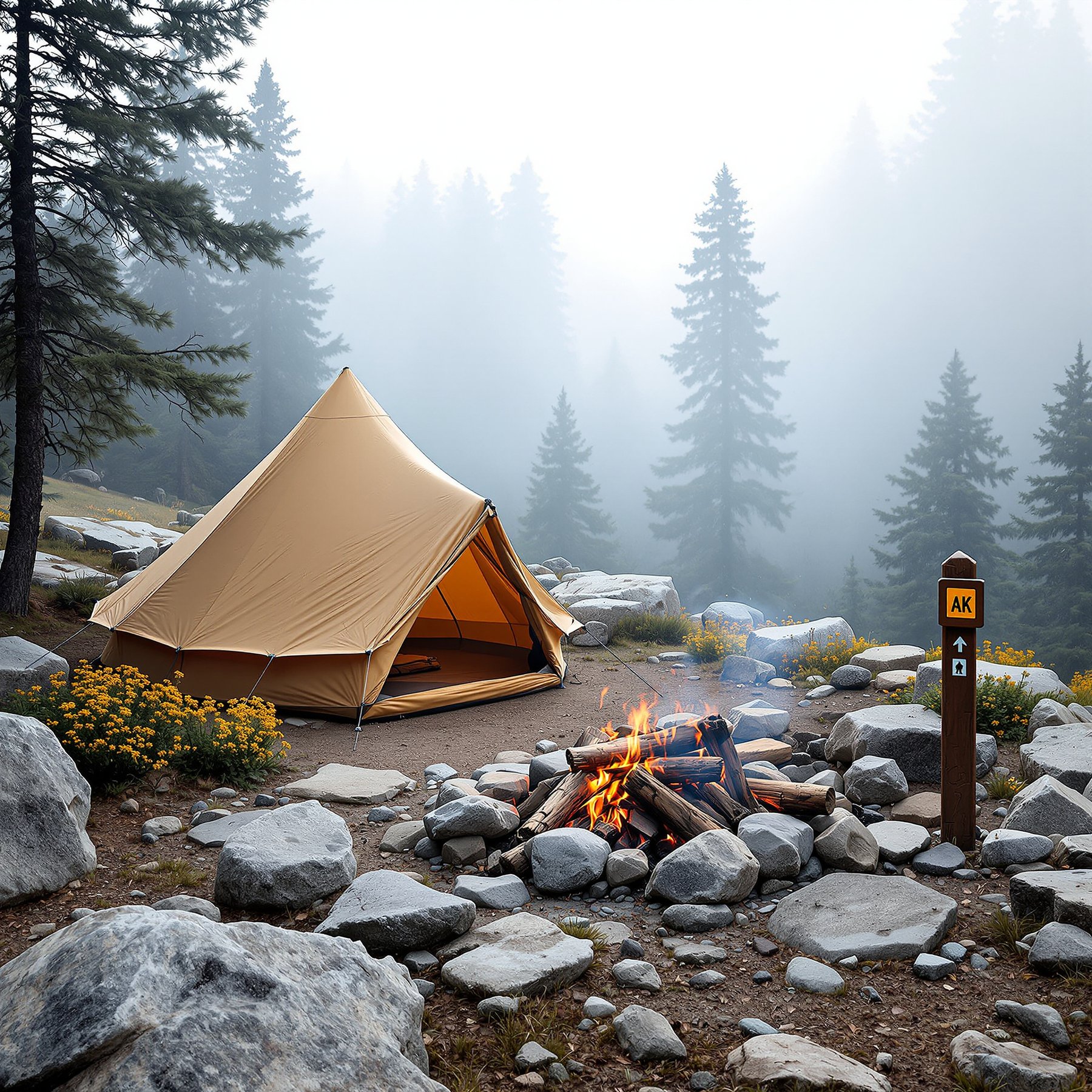 This cozy campsite sits in a misty pine forest, with yellow wildflowers and big gray rocks all around. A warm campfire glows in front of a sturdy tent, making it the perfect spot to relax. The air feels fresh and peaceful in this quiet, wild place.