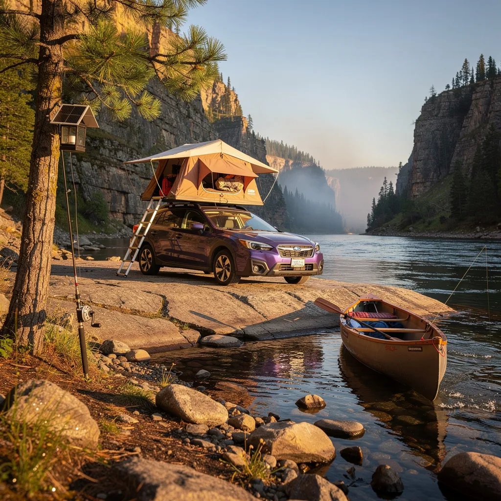 A rocky river gorge glows in warm golden-hour light, with a hint of blue haze far away. A purple Subaru sits on a flat rock with a rooftop tent open and cozy bedding inside. A canoe rests by the shore, and a fishing rod leans on a pine tree. A small solar lantern hangs from a low branch, ready for night.