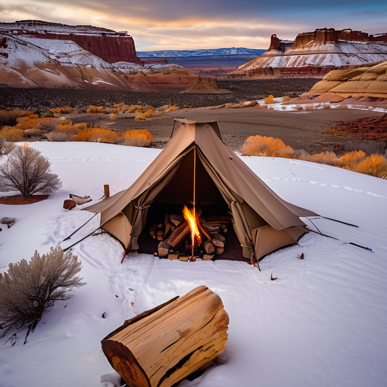 A tan tent rests on a paved campsite surrounded by snowy hills in Capitol Reef National Park. A warm campfire glows beside a large log as the sun sets across the open sky.