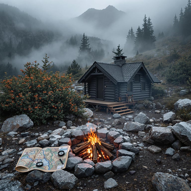 A cozy log cabin sits nestled in the misty mountains, surrounded by tall pine trees and rocky terrain. A bright campfire crackles warmly, with a map and compass laid out for adventure. The peaceful atmosphere makes it a perfect spot for a mountain escape.