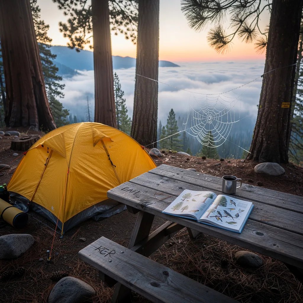 A bright yellow tent sits on a damp forest ridge as the sun begins to rise over a sea of clouds. Misty air and tall trees make the campsite feel quiet and magical. A weathered picnic table holds an open nature guide, and a tiny spider web sparkles with dewdrops nearby.