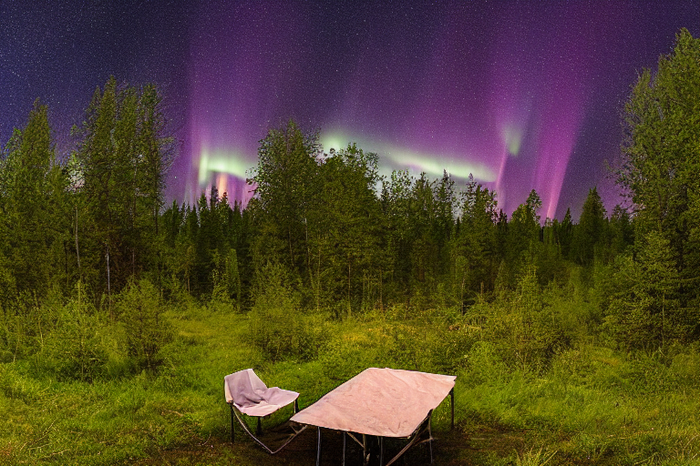 A cozy brown tent rests on a quiet paved campsite in Norway. Bushes, boulders, a picnic table, and a parking spot surround the dirt clearing. Above, cloudy skies glow with colorful northern lights.